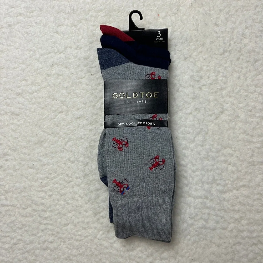 Goldtoe‎ Mens 3 Pair Crew Socks Lobster Anchor Navy Grey AquaFX New